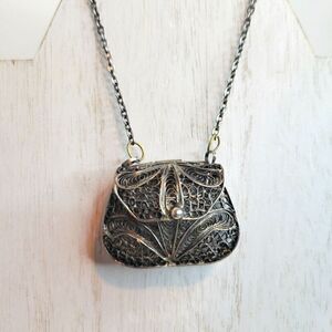 Vintage Filigree Purse Silver Tone Necklace